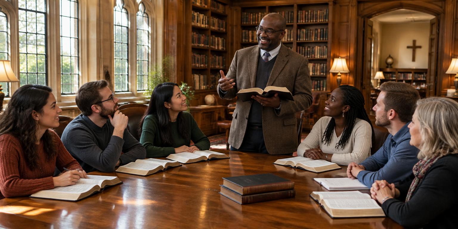 Christian leadership discussion around open Bibles in a warmly lit library