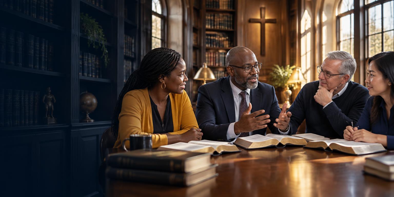 Christian leaders discussing Scripture together in a sunlit library