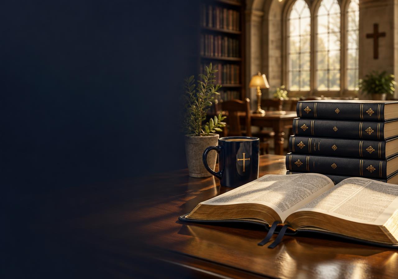 An open Bible and gold-trimmed books on a library desk